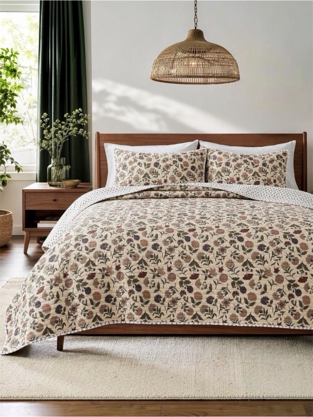 NEW Anthropologie Beige Boho Floral Reversible Quilt Bedspread Bedding Sham Set
